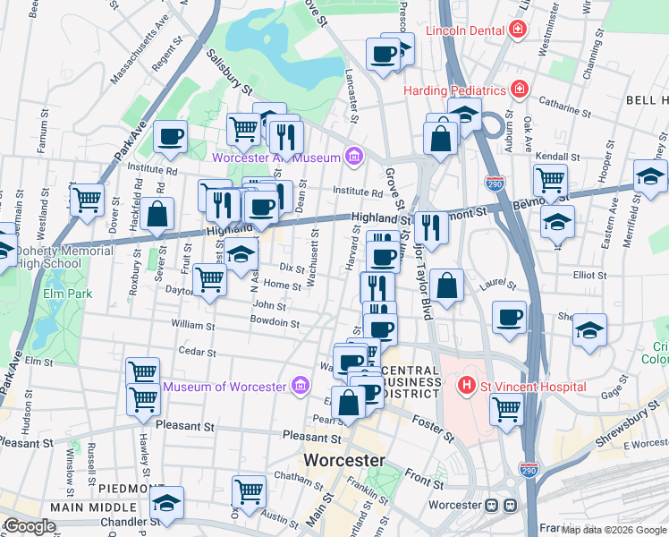 map of restaurants, bars, coffee shops, grocery stores, and more near 6 Lancaster Street in Worcester