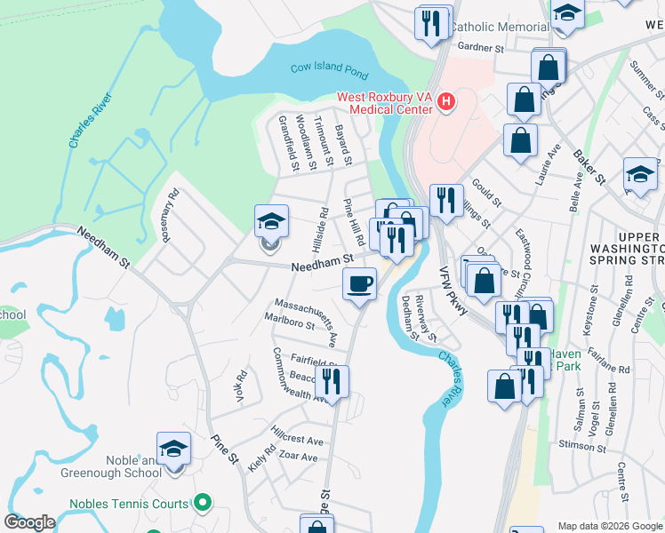 map of restaurants, bars, coffee shops, grocery stores, and more near 82 Needham Street in Dedham