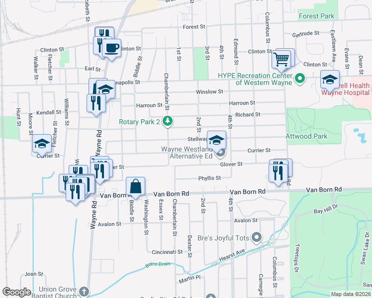 map of restaurants, bars, coffee shops, grocery stores, and more near 34896 Currier Street in Wayne