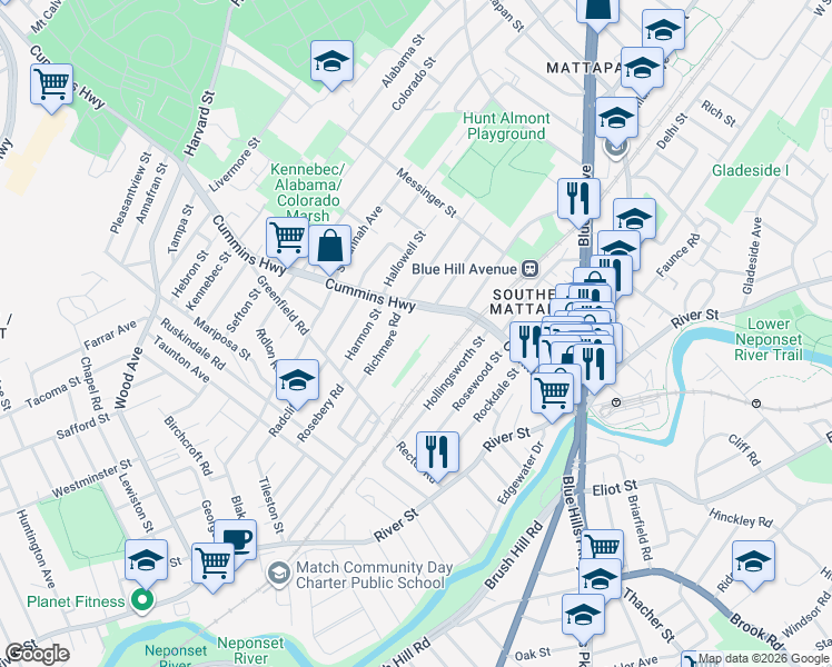 map of restaurants, bars, coffee shops, grocery stores, and more near 7X Bismarck Street in Boston