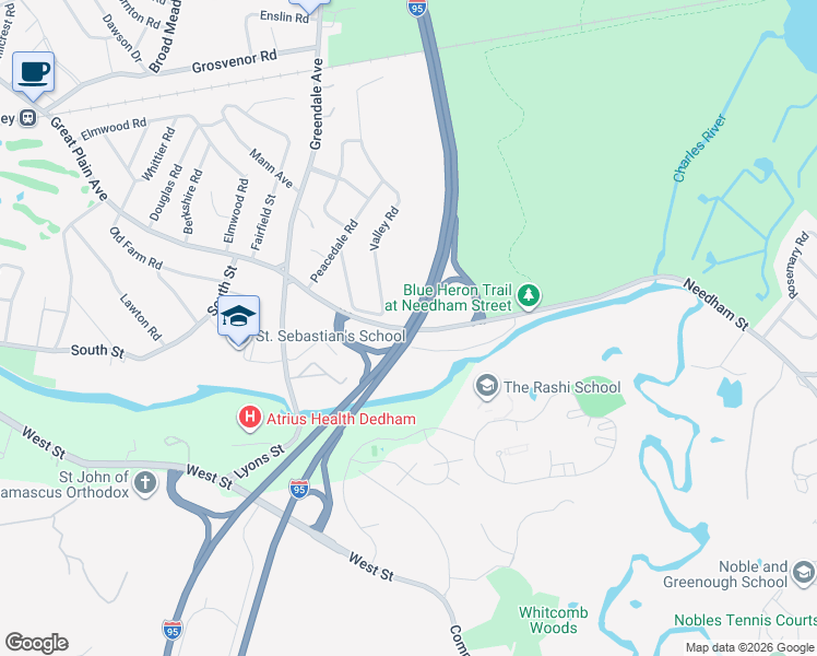 map of restaurants, bars, coffee shops, grocery stores, and more near Yankee Division Hwy in Needham