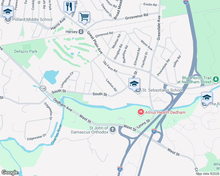 map of restaurants, bars, coffee shops, grocery stores, and more near 94 Lawton Road in Needham