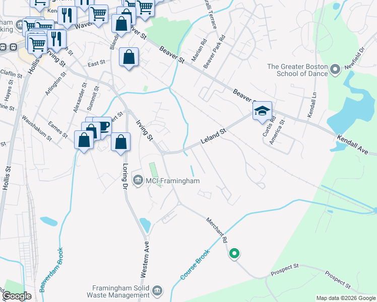 map of restaurants, bars, coffee shops, grocery stores, and more near 45 Leland Street in Framingham