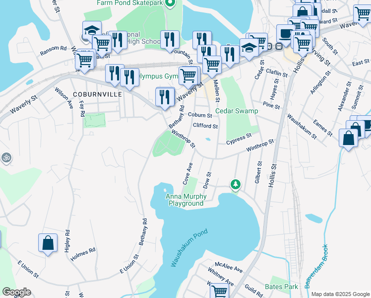map of restaurants, bars, coffee shops, grocery stores, and more near 172 Winthrop Street in Framingham