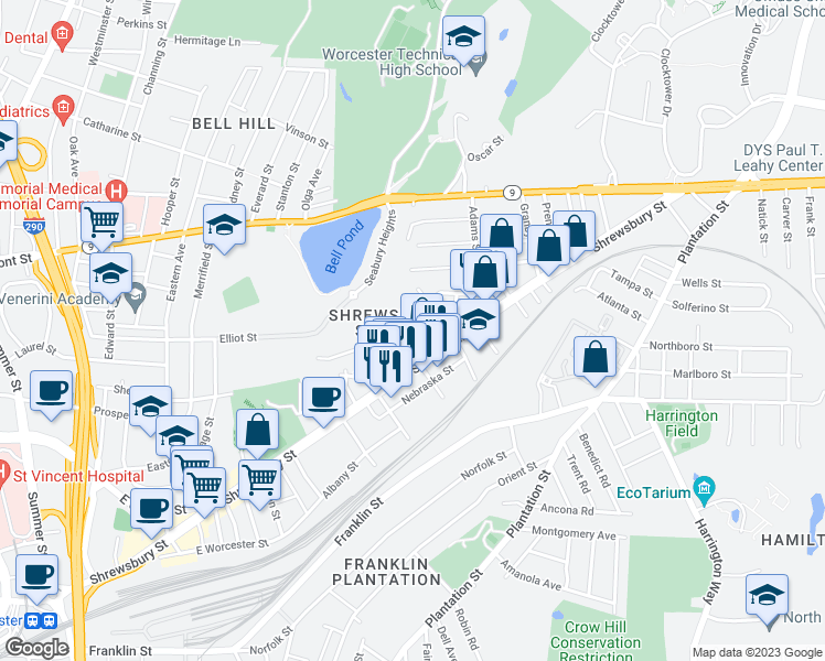 map of restaurants, bars, coffee shops, grocery stores, and more near 51 Chilmark Street in Worcester