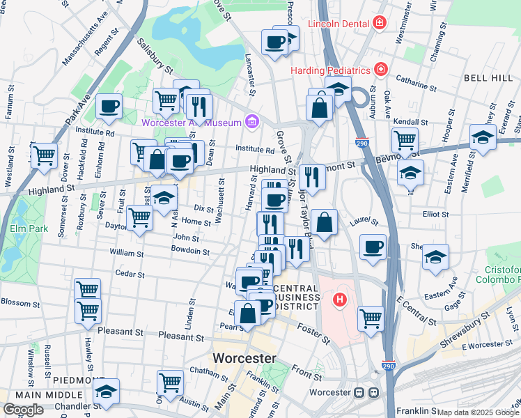 map of restaurants, bars, coffee shops, grocery stores, and more near 37 Harvard Street in Worcester