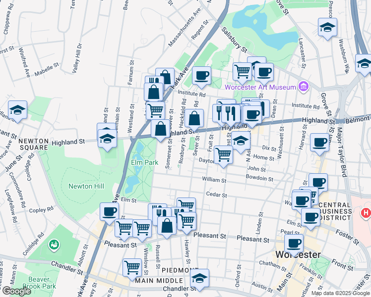 map of restaurants, bars, coffee shops, grocery stores, and more near 37 Roxbury Street in Worcester