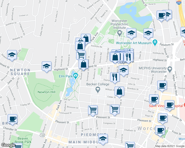map of restaurants, bars, coffee shops, grocery stores, and more near 37 Roxbury Street in Worcester