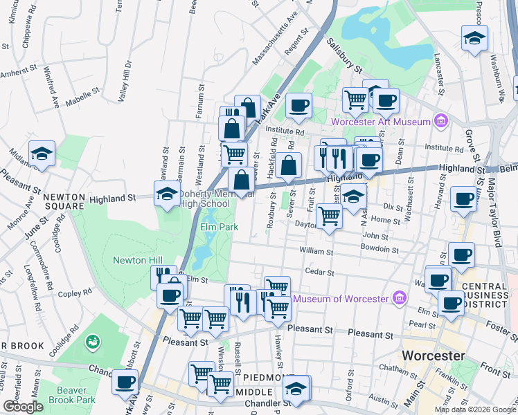 map of restaurants, bars, coffee shops, grocery stores, and more near 35 Somerset Street in Worcester