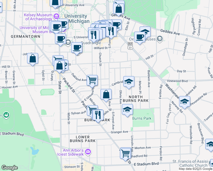 map of restaurants, bars, coffee shops, grocery stores, and more near 1305 Cambridge Road in Ann Arbor