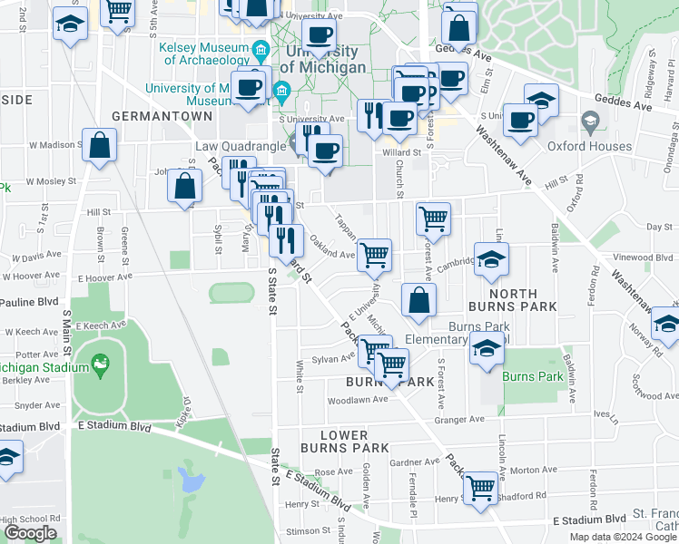 map of restaurants, bars, coffee shops, grocery stores, and more near 1000 Oakland Avenue in Ann Arbor