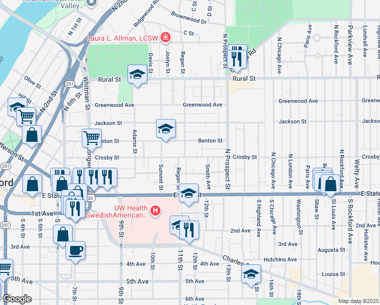 map of restaurants, bars, coffee shops, grocery stores, and more near 1503 Benton Street in Rockford