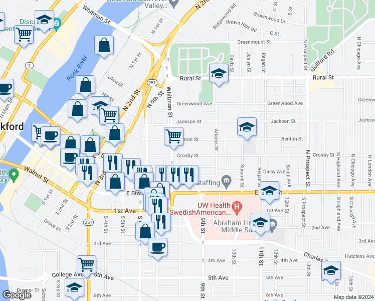 map of restaurants, bars, coffee shops, grocery stores, and more near 1211 Benton Street in Rockford