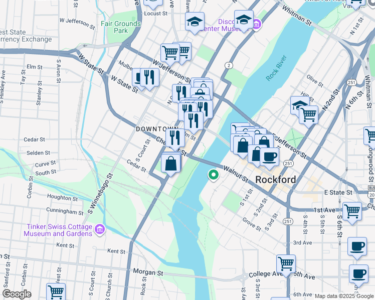 map of restaurants, bars, coffee shops, grocery stores, and more near 300 Elm Street in Rockford
