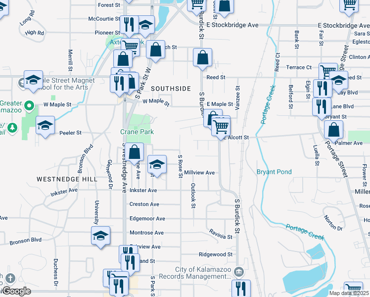 map of restaurants, bars, coffee shops, grocery stores, and more near 2121 South Rose Street in Kalamazoo