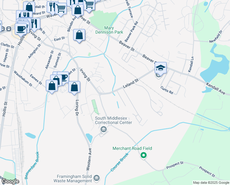 map of restaurants, bars, coffee shops, grocery stores, and more near 45 Leland Street in Framingham
