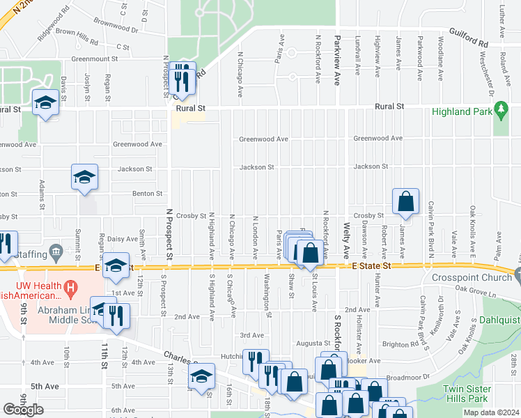 map of restaurants, bars, coffee shops, grocery stores, and more near 307 North London Avenue in Rockford