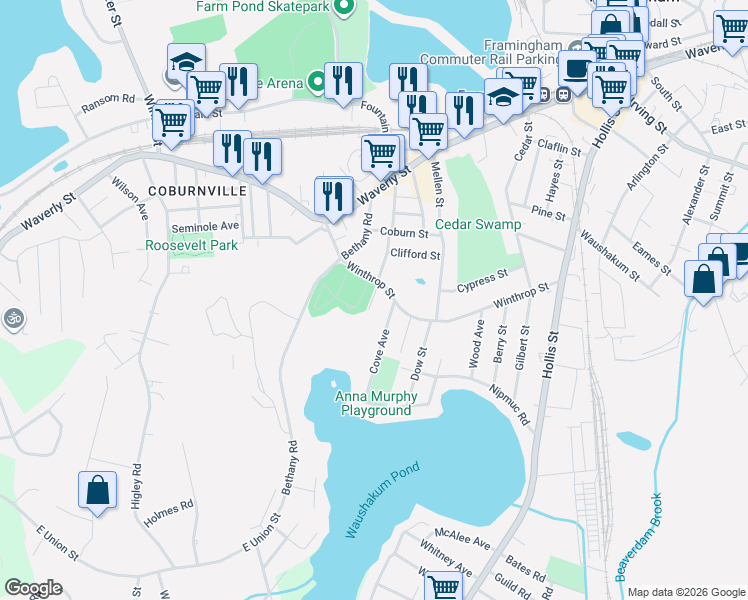 map of restaurants, bars, coffee shops, grocery stores, and more near 172 Winthrop Street in Framingham