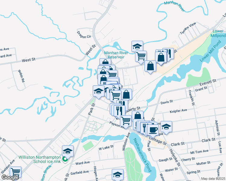 map of restaurants, bars, coffee shops, grocery stores, and more near 19 Union Street in Easthampton