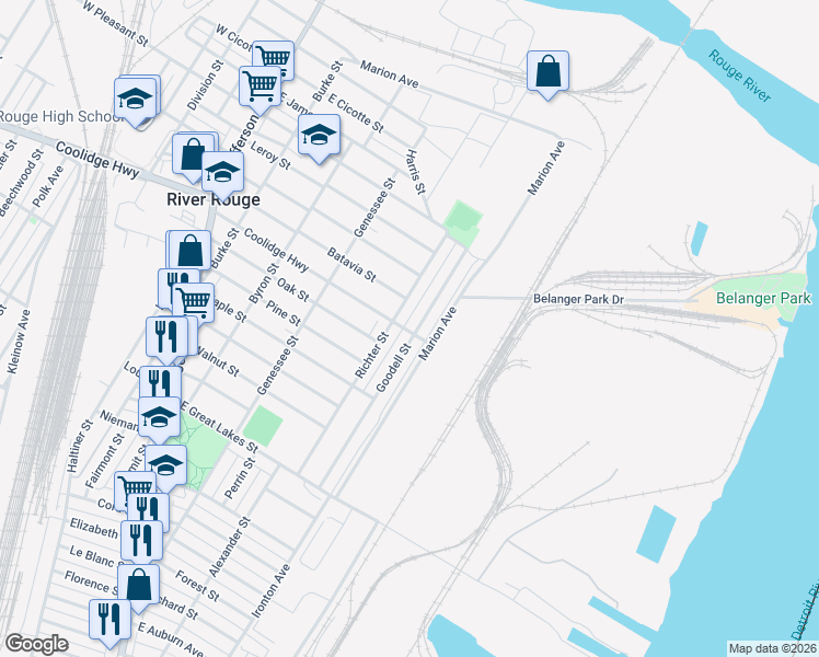 map of restaurants, bars, coffee shops, grocery stores, and more near 213 Richter Street in River Rouge