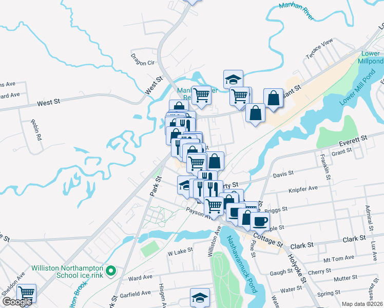 map of restaurants, bars, coffee shops, grocery stores, and more near 19 Union Street in Easthampton