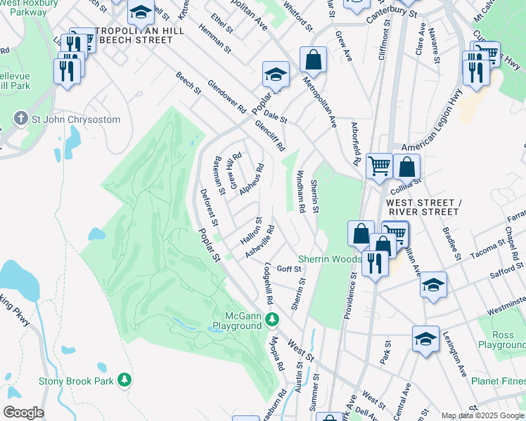 map of restaurants, bars, coffee shops, grocery stores, and more near 31 Macdonald Street in Boston