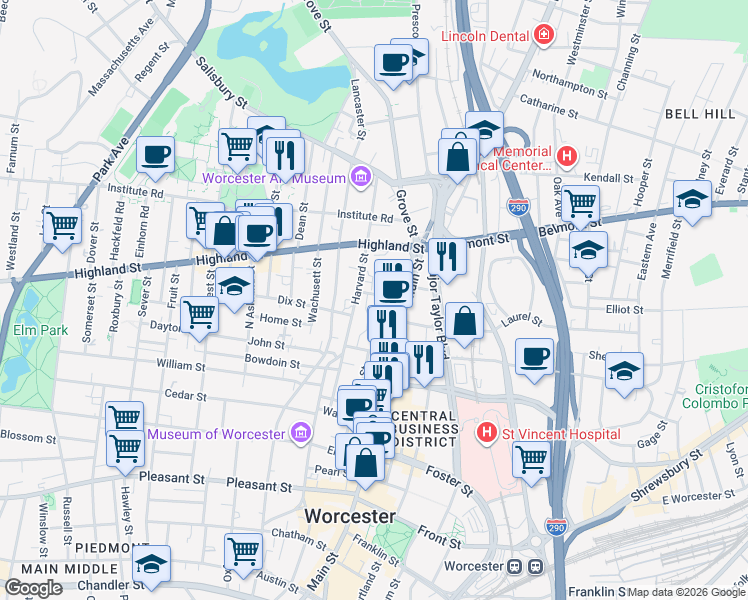 map of restaurants, bars, coffee shops, grocery stores, and more near 37 Harvard Street in Worcester