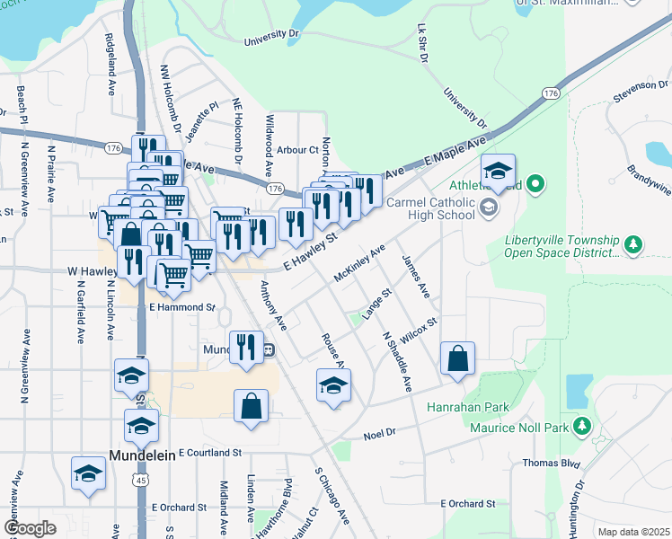 map of restaurants, bars, coffee shops, grocery stores, and more near 600 McKinley Avenue in Mundelein