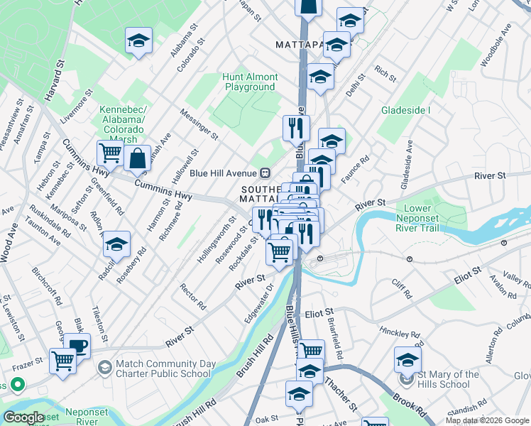 map of restaurants, bars, coffee shops, grocery stores, and more near 49 Rexford Street in Boston