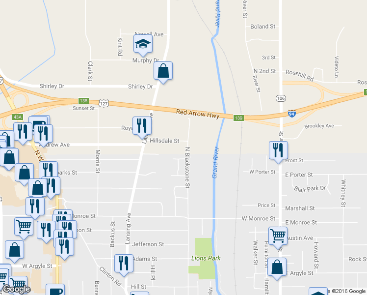 map of restaurants, bars, coffee shops, grocery stores, and more near 301 Hillsdale Street in Jackson