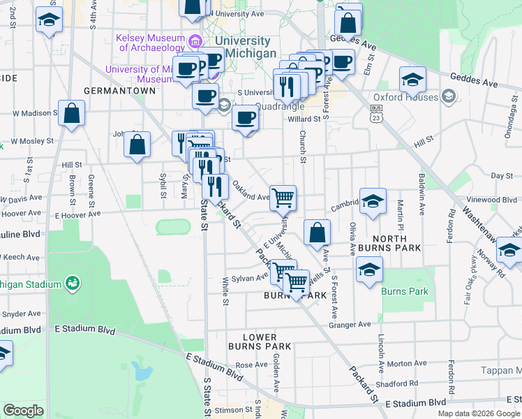 map of restaurants, bars, coffee shops, grocery stores, and more near 1000 Oakland Avenue in Ann Arbor