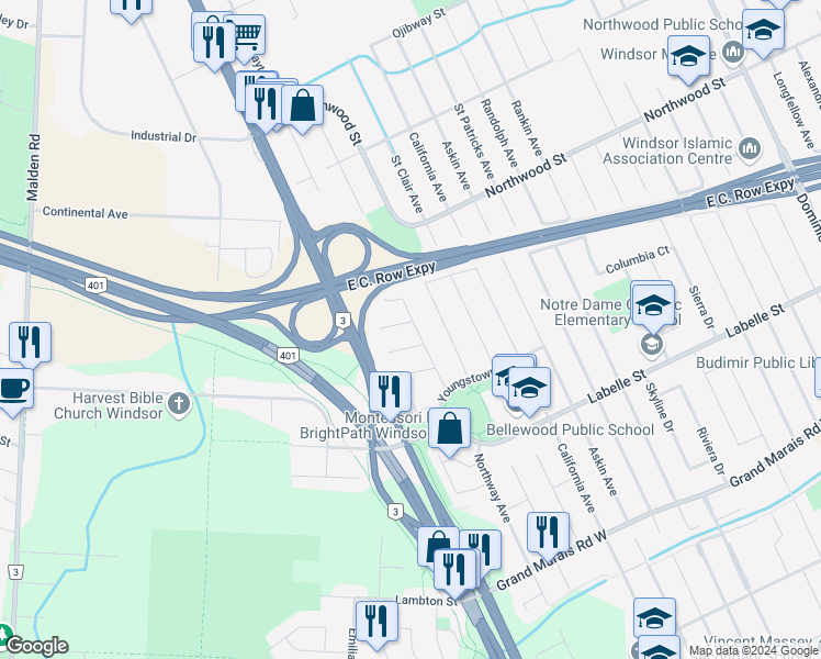 map of restaurants, bars, coffee shops, grocery stores, and more near 2605 Chick Court in Windsor