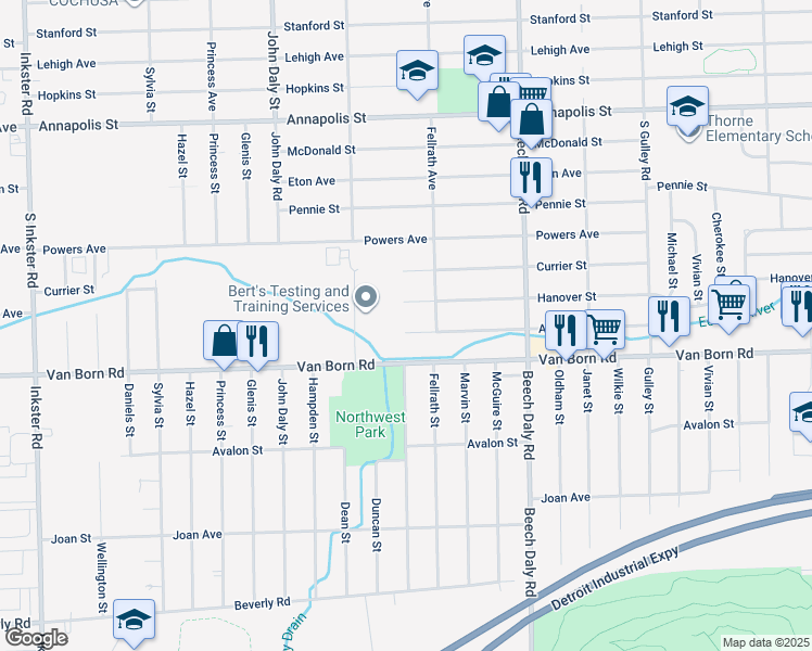 map of restaurants, bars, coffee shops, grocery stores, and more near 26170 Amherst Street in Dearborn Heights