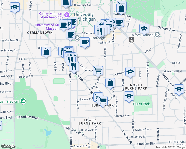 map of restaurants, bars, coffee shops, grocery stores, and more near 1036 Oakland Avenue in Ann Arbor