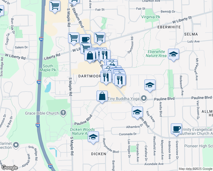 map of restaurants, bars, coffee shops, grocery stores, and more near 2019 West Stadium Boulevard in Ann Arbor