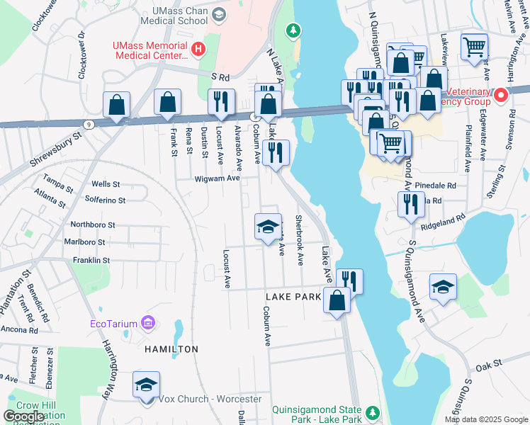 map of restaurants, bars, coffee shops, grocery stores, and more near 101 Coburn Avenue in Worcester