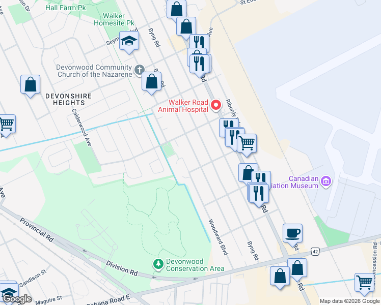 map of restaurants, bars, coffee shops, grocery stores, and more near 3640 Bliss Road in Windsor