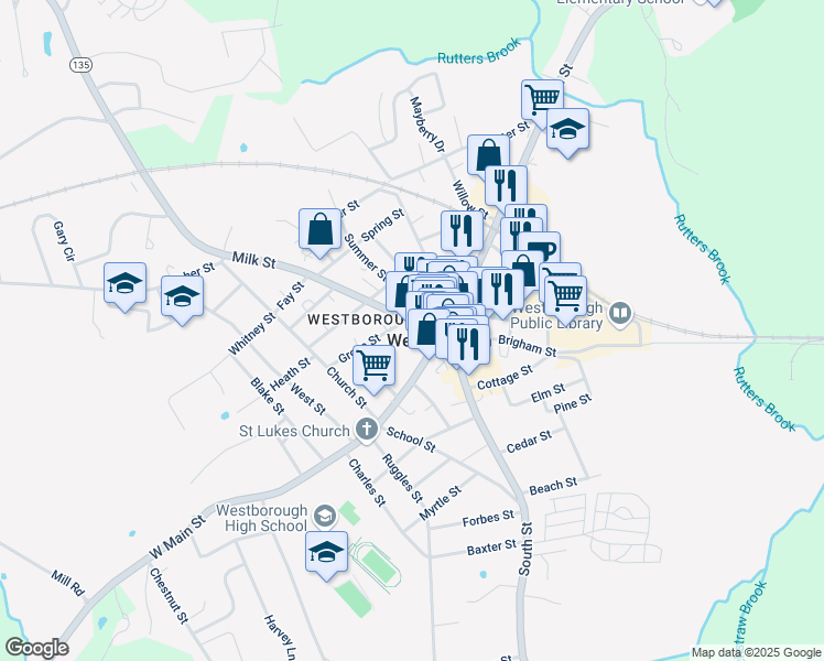 map of restaurants, bars, coffee shops, grocery stores, and more near 40 Milk Street in Westborough