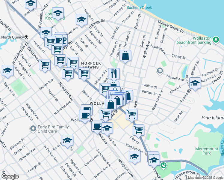 map of restaurants, bars, coffee shops, grocery stores, and more near 34 Willet Street in Quincy
