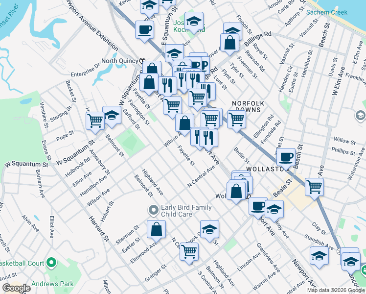 map of restaurants, bars, coffee shops, grocery stores, and more near 138 Fayette Street in Quincy