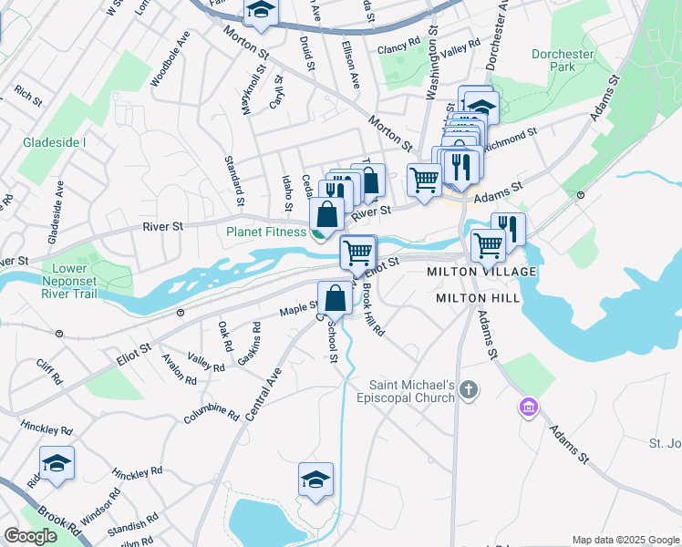 map of restaurants, bars, coffee shops, grocery stores, and more near 90 River Street in Milton