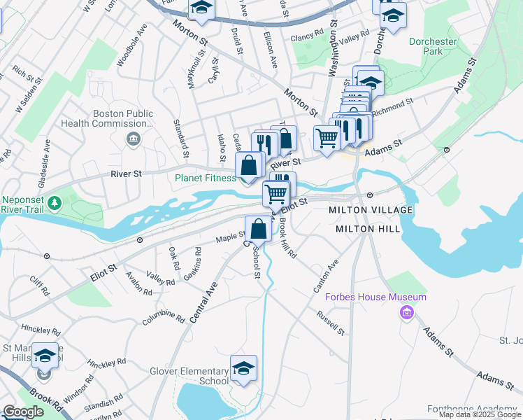 map of restaurants, bars, coffee shops, grocery stores, and more near 90 River Street in Milton