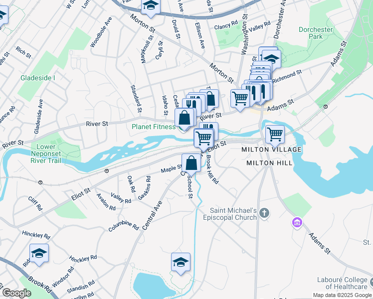 map of restaurants, bars, coffee shops, grocery stores, and more near 90 River Street in Milton