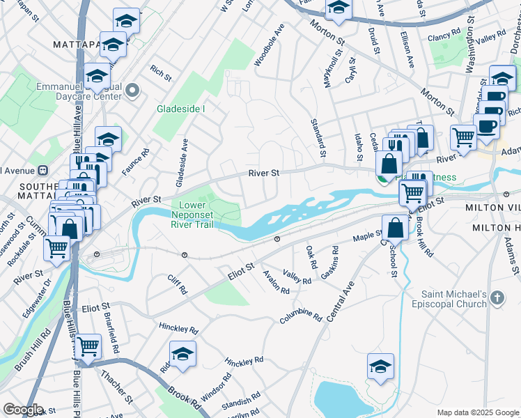 map of restaurants, bars, coffee shops, grocery stores, and more near 34 Meadowbank Avenue in Boston