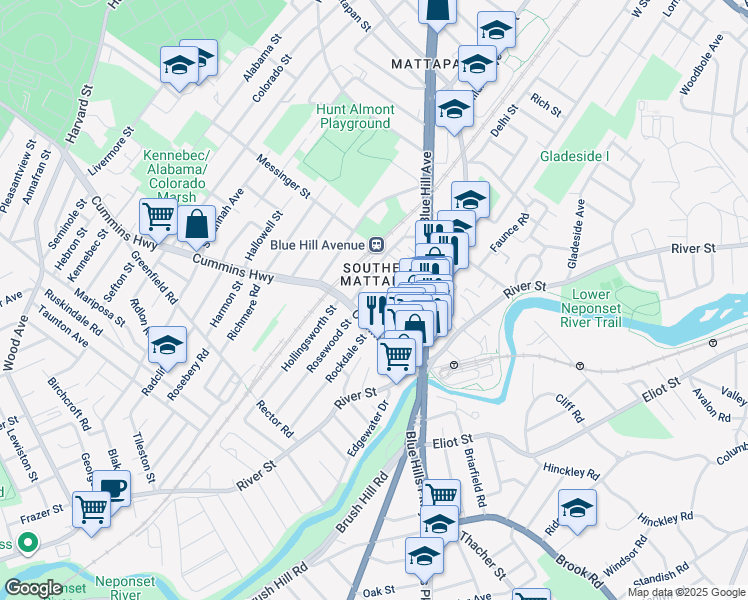map of restaurants, bars, coffee shops, grocery stores, and more near 49 Rexford Street in Boston