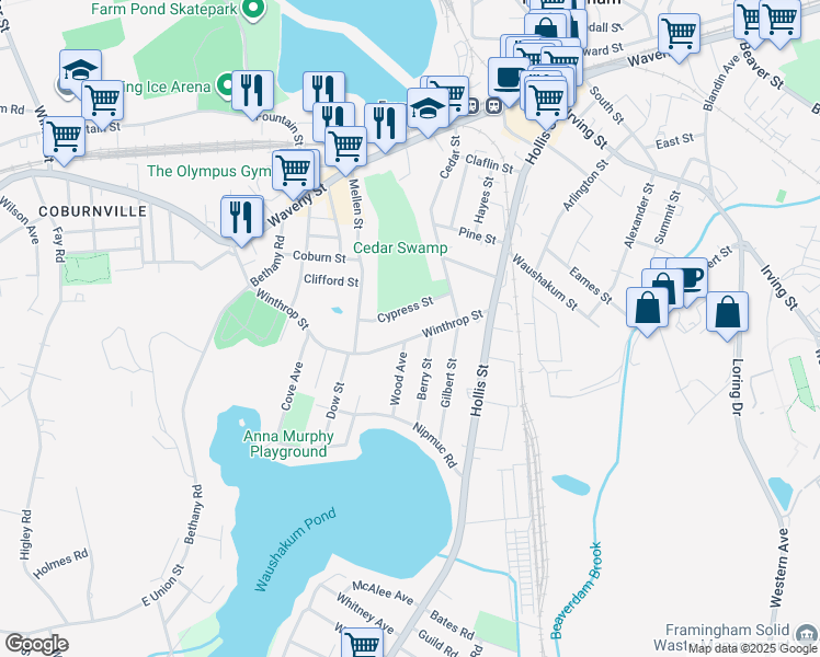 map of restaurants, bars, coffee shops, grocery stores, and more near 39 Cypress Street in Framingham