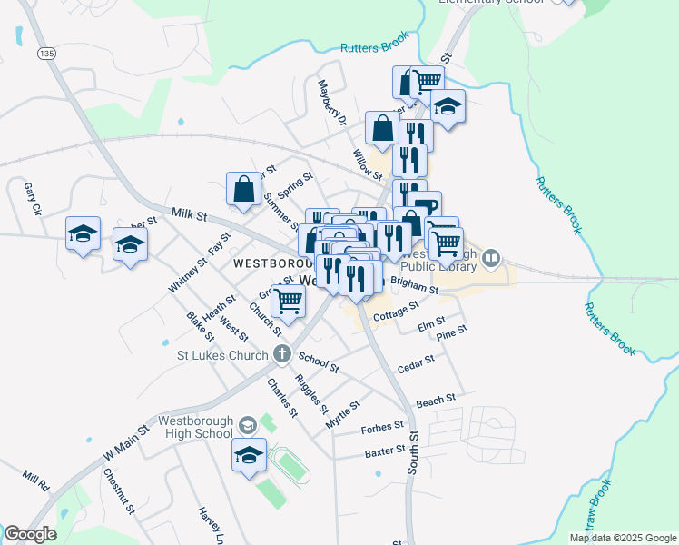 map of restaurants, bars, coffee shops, grocery stores, and more near in Westborough