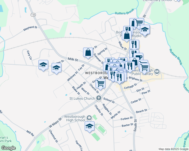 map of restaurants, bars, coffee shops, grocery stores, and more near 7 Phillips Street in Westborough