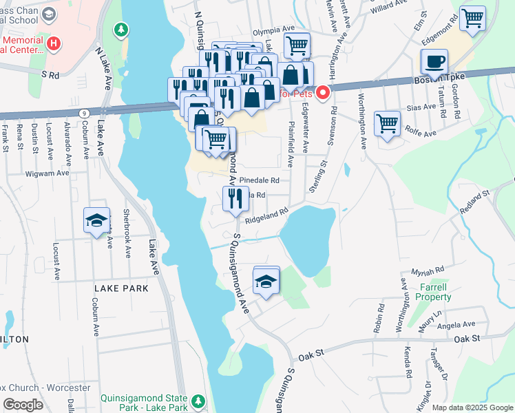map of restaurants, bars, coffee shops, grocery stores, and more near 3 Vancroft Avenue in Shrewsbury
