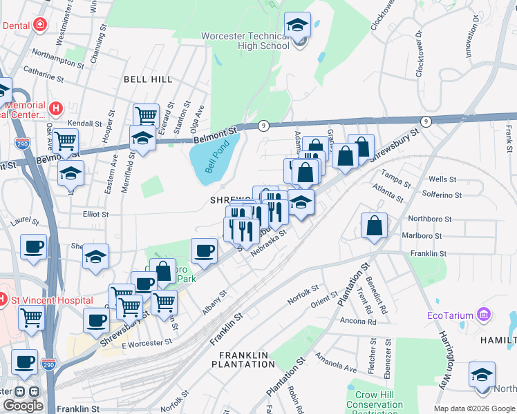 map of restaurants, bars, coffee shops, grocery stores, and more near in Worcester